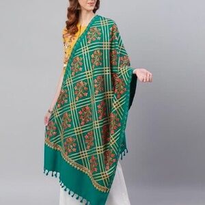 Weavers Villa Floral Embroidered Teal Shawl